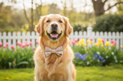 A multicolored checkered dog bow-tie in shades of pink and yellow, displayed on a gray background.