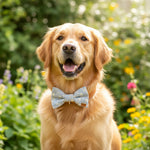 A blue checkered dog bow-tie with a white bone pattern and a label showing 'Easter Blue - Dog Bow-Ties'.