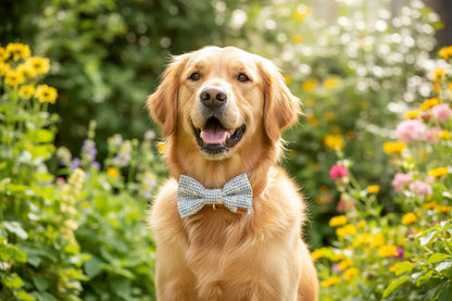A blue checkered dog bow-tie with a white bone pattern and a label showing 'Easter Blue - Dog Bow-Ties'.