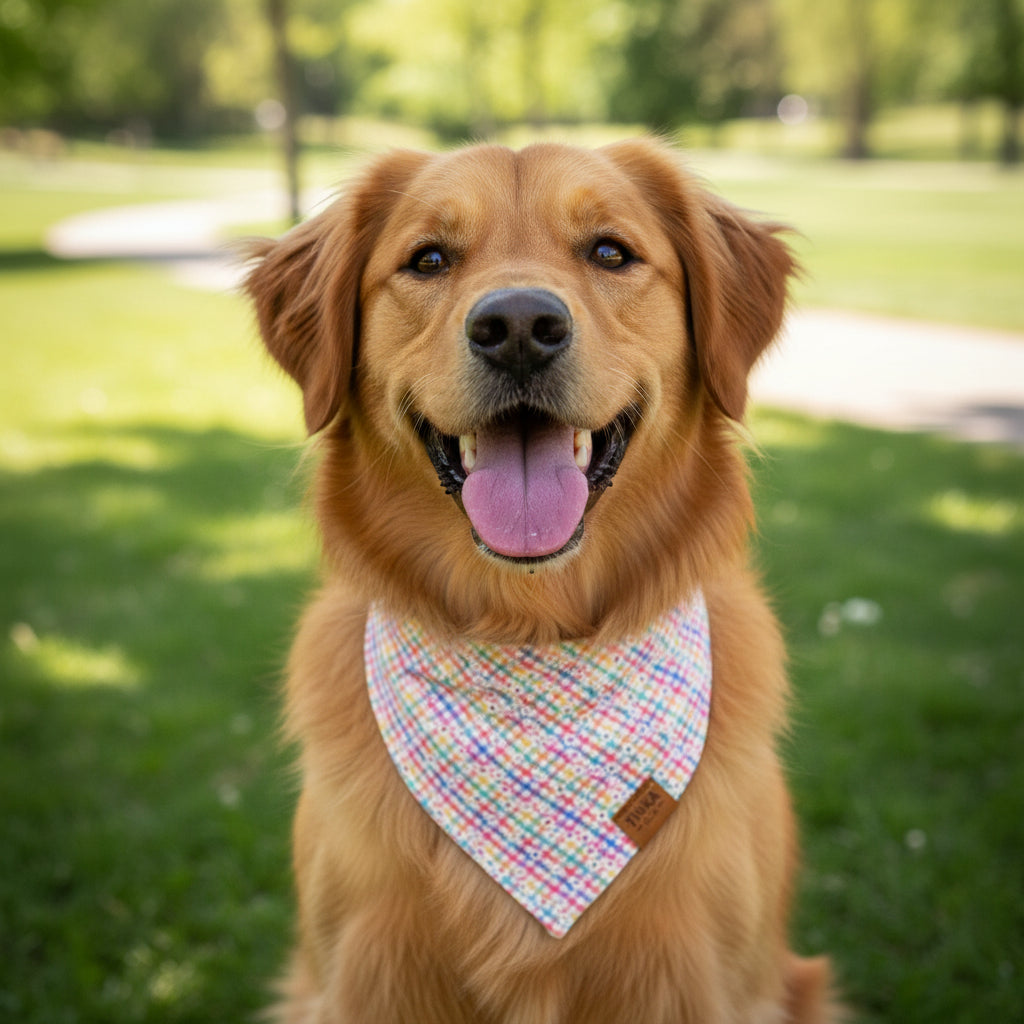 A multicolored checkered dog bandana with a pink Easter egg pattern displayed on a flat surface.