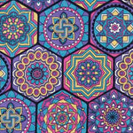 A close-up of a colorful geometric pattern made of connected hexagonal panels with intricate mandala-like motifs in purple, blue, pink, yellow, and black.