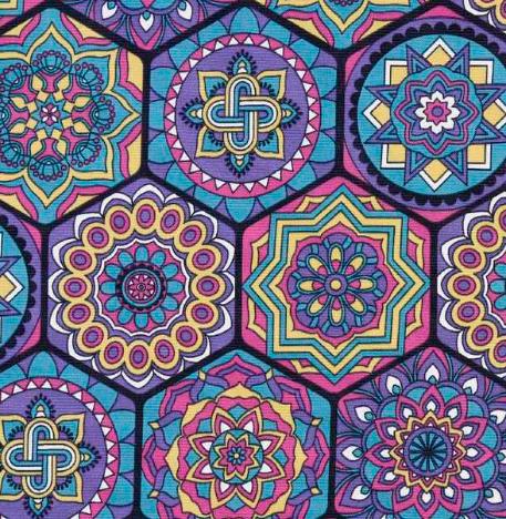 A close-up of a colorful geometric pattern made of connected hexagonal panels with intricate mandala-like motifs in purple, blue, pink, yellow, and black.