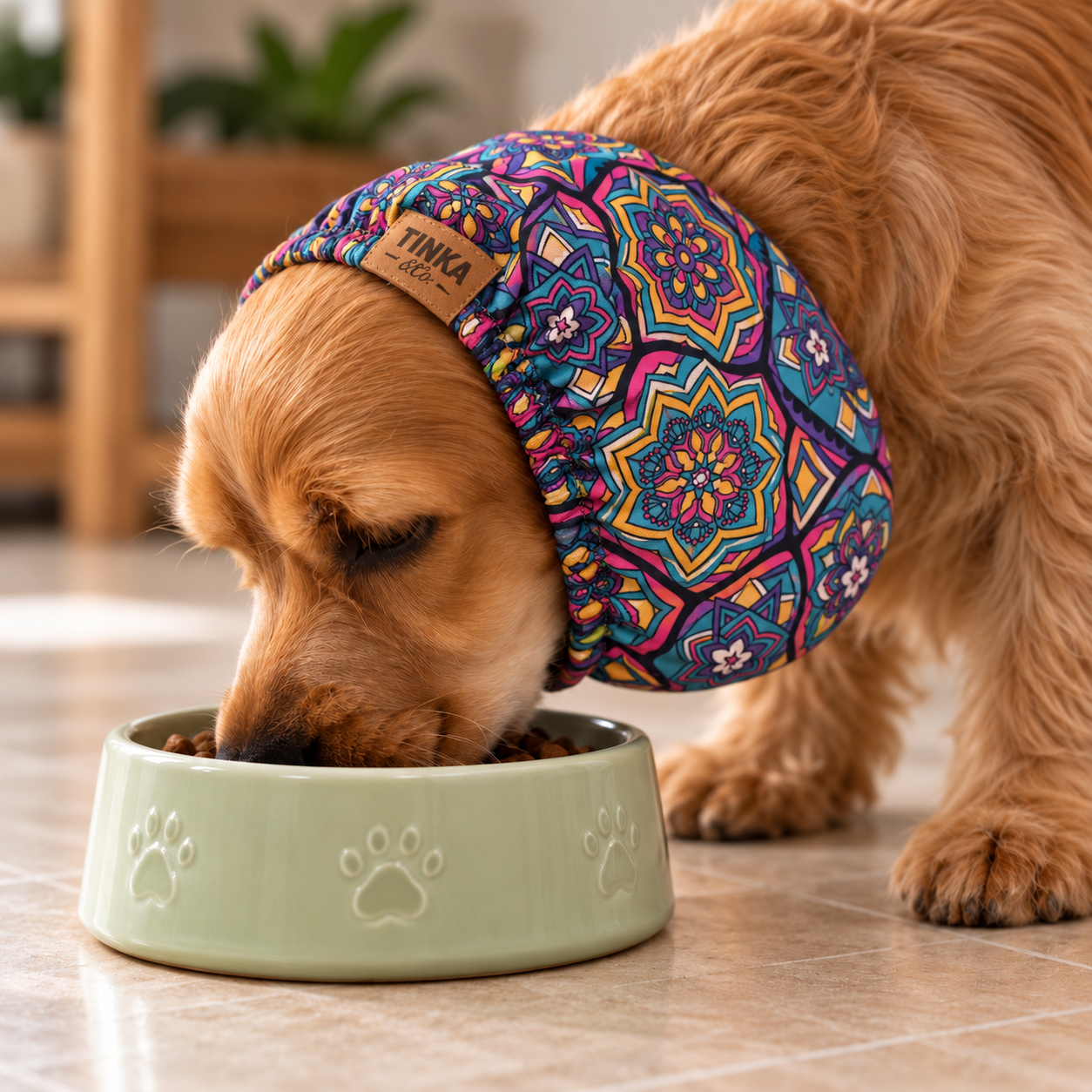 A Cocker Spaniel dog wearing a colorful patterned pet snood eating from a light green ceramic bowl on a tiled floor.