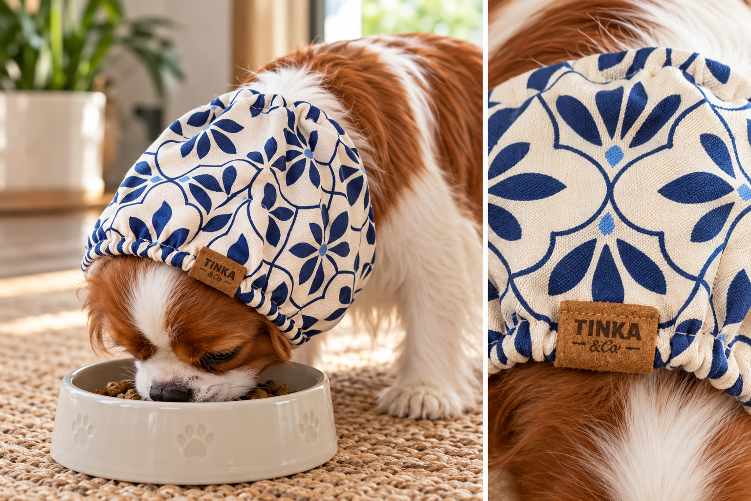 A brown and white cavalier dog wearing a blue and cream floral-patterned pet sood while eating from a white bowl. The image is a split-screen close-up showing the dog wearing the hood and a detailed view of the fabric pattern and a brown leather brand patch that reads 'TINKA pet'.
