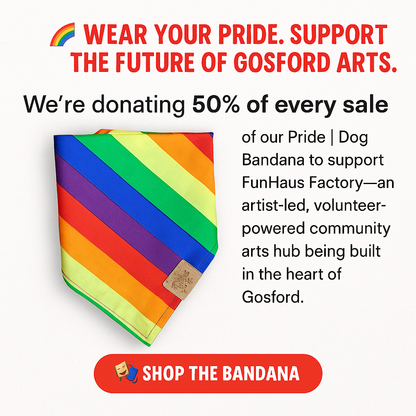 Rainbow striped bandana with promotional text about supporting Gosford Arts and FunHaus Factory.