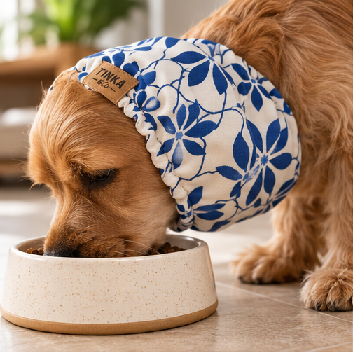 A Cocker Spaniel  dog wearing a blue and white floral patterned pet sood while eating from a speckled beige ceramic bowl.