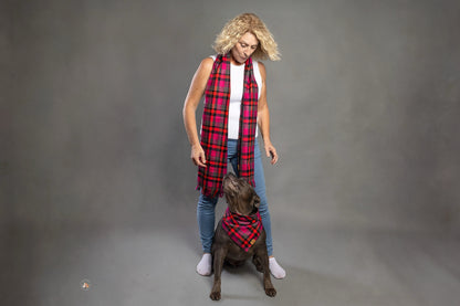 A person standing with a black dog in front of them, both wearing matching pink plaid scarves.