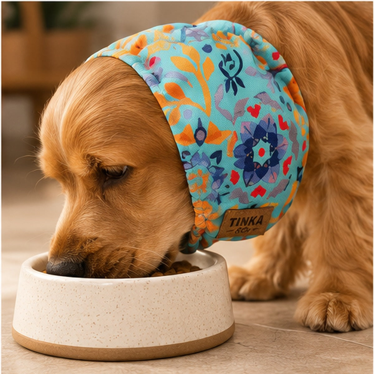 A Cocker Spaniel dog eating from a speckled beige ceramic bowl while wearing a colorful floral Snood.  The snood features a turquoise blue background with orange, purple, and red floral patterns, and has a brown leather patch with the brand name 'TINKA & CO'.