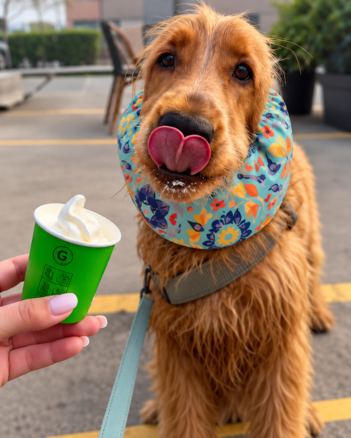 A Cocker Spaniel dog wearing a colorful floral-patterned snood to keep his ears clean while eating a  green cup of soft ice cream in the foreground.
