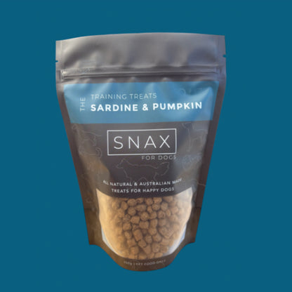 Snax for dogs training treats package with sardine and pumpkin flavor on a blue background