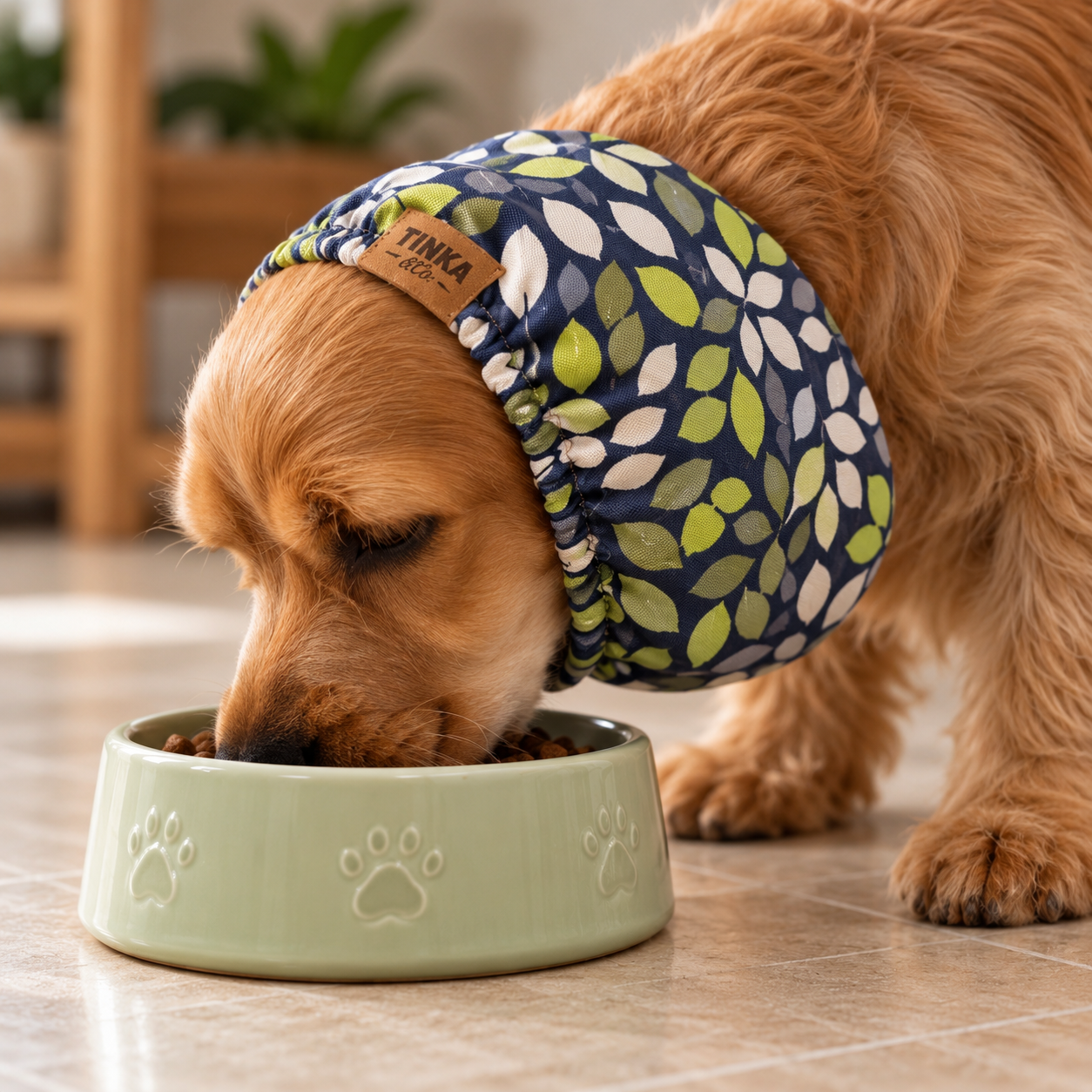 A Cocker Spaniel dog wearing a navy blue pet sood with a green and white leaf pattern, eating from a light green ceramic bowl on a tiled floor.
