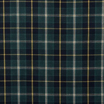 A close-up of a tartan plaid fabric pattern in dark green, navy blue, and thin yellow and white stripes.