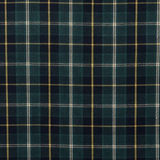 A close-up of a tartan plaid fabric pattern in dark green, navy blue, and thin yellow and white stripes.