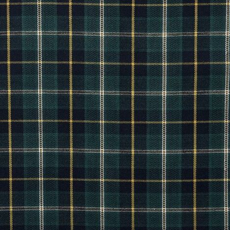 A close-up of a tartan plaid fabric pattern in dark green, navy blue, and thin yellow and white stripes.