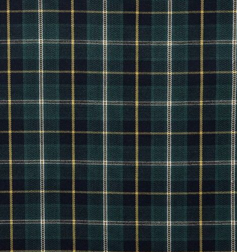 A close-up of a tartan plaid fabric pattern in dark green, navy blue, and thin yellow and white stripes.