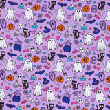 A repeating Halloween-themed pattern on a lavender purple background, featuring white ghosts, black cats, orange pumpkins, skulls, bats, stars, bones, cauldrons, and other spooky motifs.