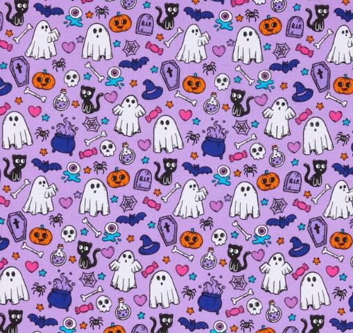 A repeating Halloween-themed pattern on a lavender purple background, featuring white ghosts, black cats, orange pumpkins, skulls, bats, stars, bones, cauldrons, and other spooky motifs.