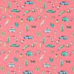 A repeating pattern of retro travel-themed illustrations on a pink background, including cars, campers, surfboards, umbrellas, trees, birds, and tropical motifs.