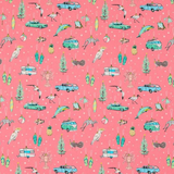 A repeating pattern of retro travel-themed illustrations on a pink background, including cars, campers, surfboards, umbrellas, trees, birds, and tropical motifs.