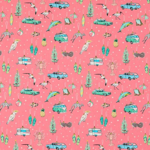 A repeating pattern of retro travel-themed illustrations on a pink background, including cars, campers, surfboards, umbrellas, trees, birds, and tropical motifs.