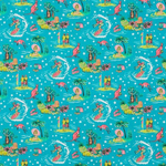 A repeating tropical beach print on a bright turquoise background, featuring pink kangaroos, palm trees, small islands, and mermaids in pink, yellow, green, and white.
