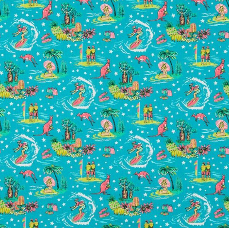 A repeating tropical beach print on a bright turquoise background, featuring pink kangaroos, palm trees, small islands, and mermaids in pink, yellow, green, and white.