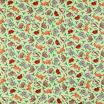 A close-up of a repeating fabric pattern featuring cartoon squirrels, acorns, and red berries on a pale yellow-green background.