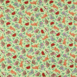 A close-up of a repeating fabric pattern featuring cartoon squirrels, acorns, and red berries on a pale yellow-green background.