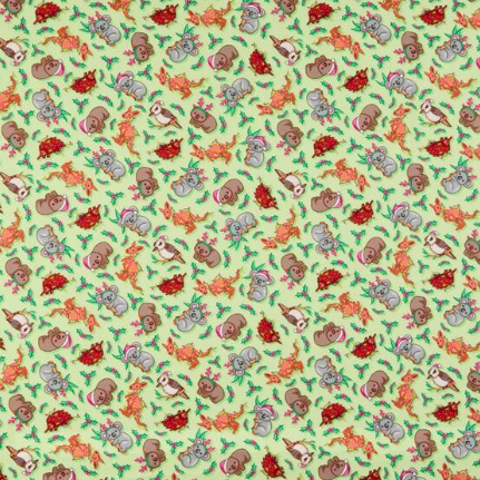 A close-up of a repeating fabric pattern featuring cartoon squirrels, acorns, and red berries on a pale yellow-green background.