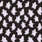 A repeating pattern of cute, smiling white ghosts with subtle pink shadows on a solid black background.