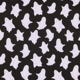 A repeating pattern of cute, smiling white ghosts with subtle pink shadows on a solid black background.