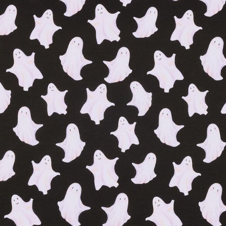 A repeating pattern of cute, smiling white ghosts with subtle pink shadows on a solid black background.