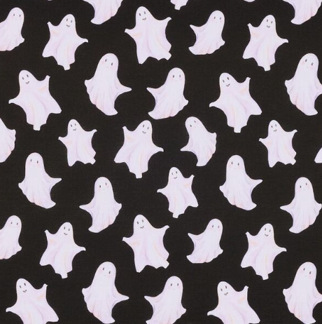 A repeating pattern of cute, smiling white ghosts with subtle pink shadows on a solid black background.