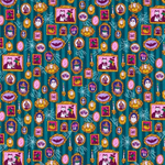 A repeating Halloween-themed pattern on a teal background with purple cats in witch hats, pink ghosts, bats, candles, spiderwebs, and gold-framed ornaments.