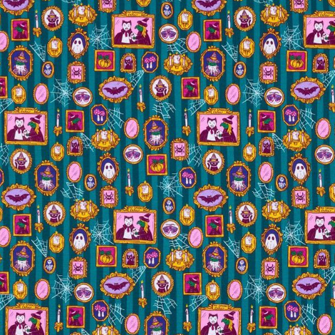 A repeating Halloween-themed pattern on a teal background with purple cats in witch hats, pink ghosts, bats, candles, spiderwebs, and gold-framed ornaments.