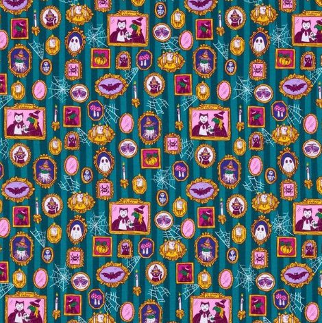A repeating Halloween-themed pattern on a teal background with purple cats in witch hats, pink ghosts, bats, candles, spiderwebs, and gold-framed ornaments.