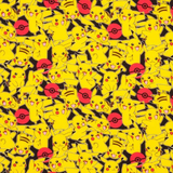 A repeating all-over pattern featuring Pikachu in bright yellow with red cheeks and Pokéball motifs on a black background.