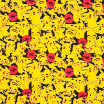 A repeating all-over pattern featuring Pikachu in bright yellow with red cheeks and Pokéball motifs on a black background.