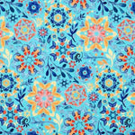 A repeating watercolor-style floral pattern on a bright turquoise background, featuring orange, yellow, pink, and dark blue botanical motifs.