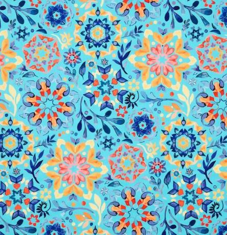 A repeating watercolor-style floral pattern on a bright turquoise background, featuring orange, yellow, pink, and dark blue botanical motifs.